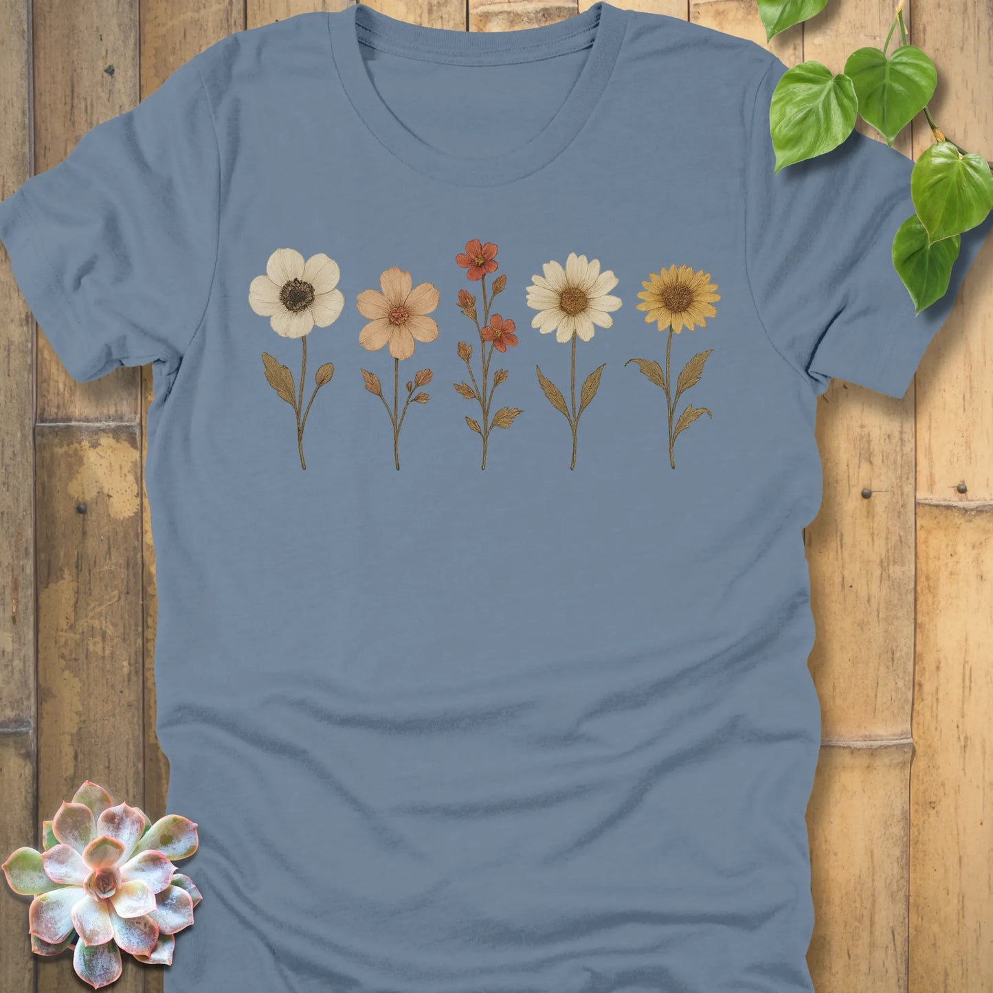 Steel Blue t-shirt featuring the design Pressed Flowers printed in delicate floral pattern, botanical graphic tee.