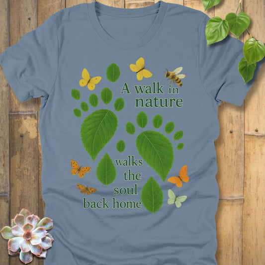 Steel Blue t-shirt featuring the design Walk In Nature printed natures design, outdoor adventure shirt.