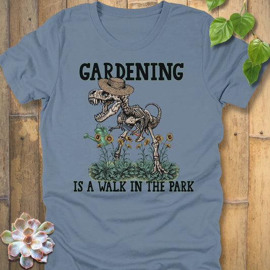 Steel Blue t-shirt featuring the design Walk In The Park printed in bold letters, nature-inspired casual shirt.