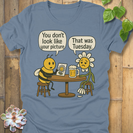Steel Blue t-shirt featuring the design You Don’t Look Like printed sunflower and bee, casual graphic tee