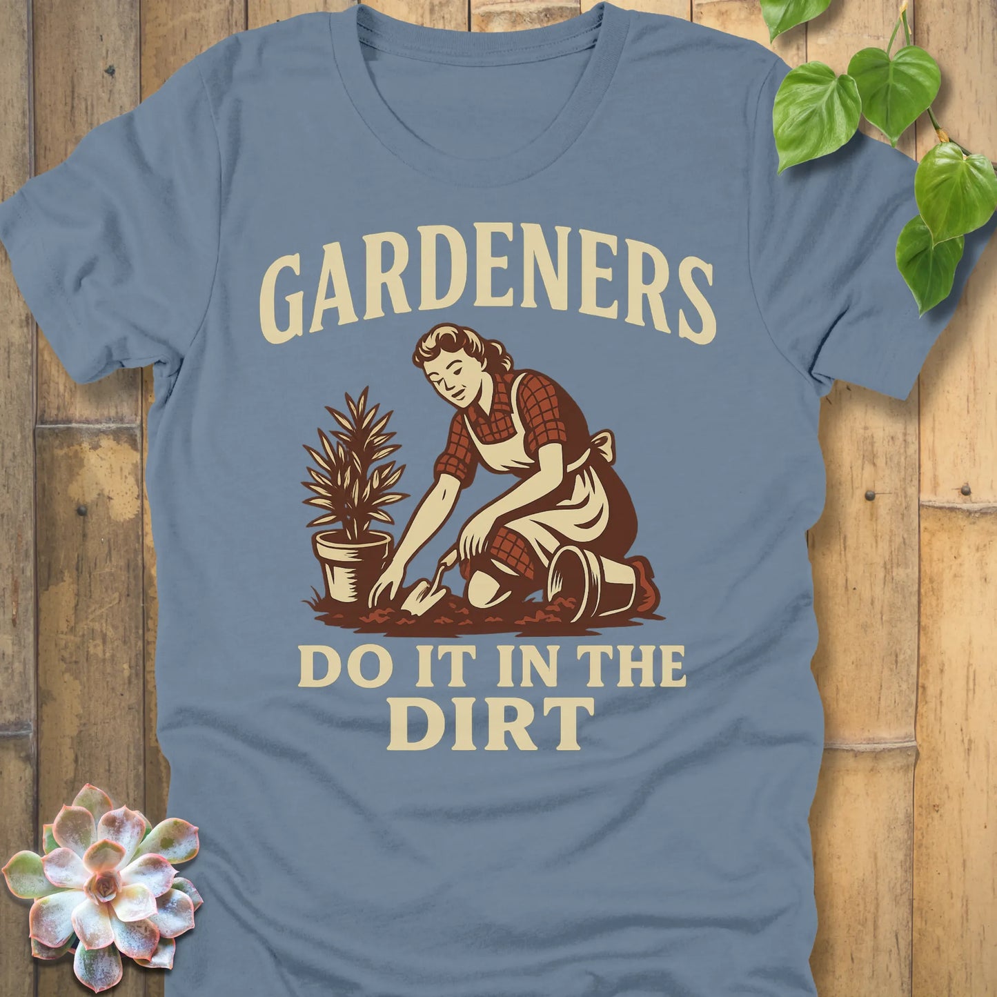 Steel Navy t-shirt featuring the design Do It In The Dirt printed in bold letters, funny gardening shirt.