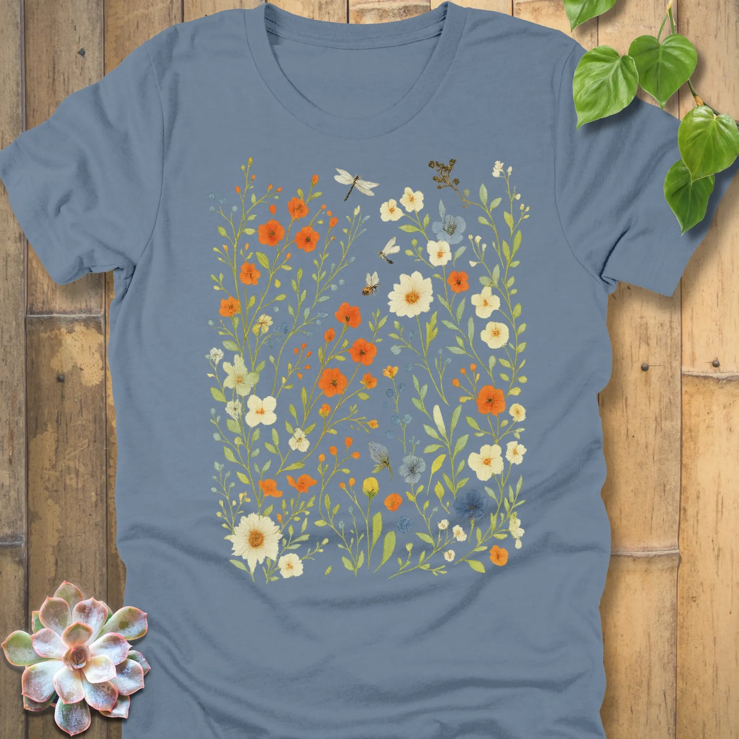 Steel Navy t-shirt featuring the design Meadow Magic printed floral graphic tee.