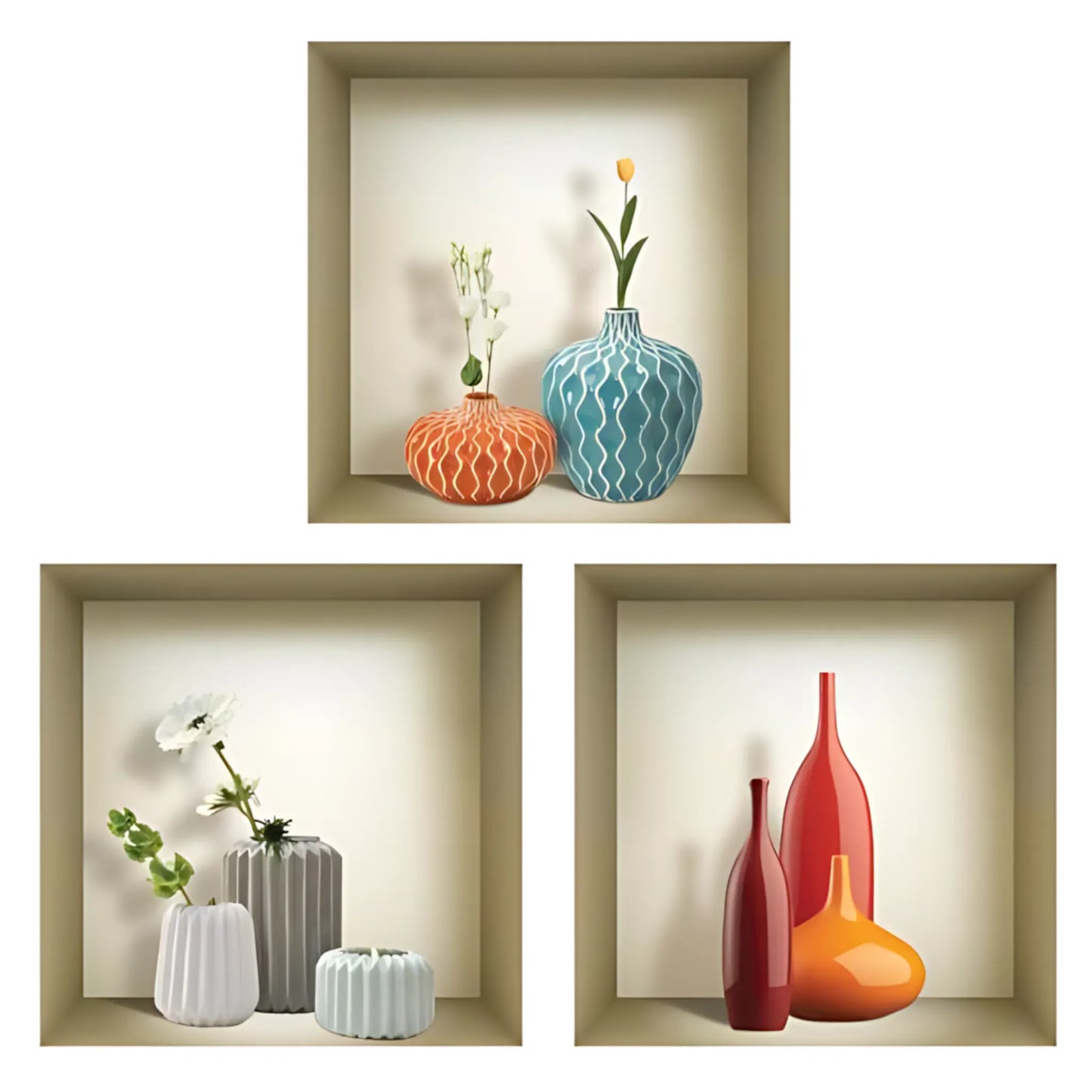 12 x 12 inch (30.5 x 30.5 cm) Colored Vase 3D Wall Art Decals - Set of 3 Home Decor