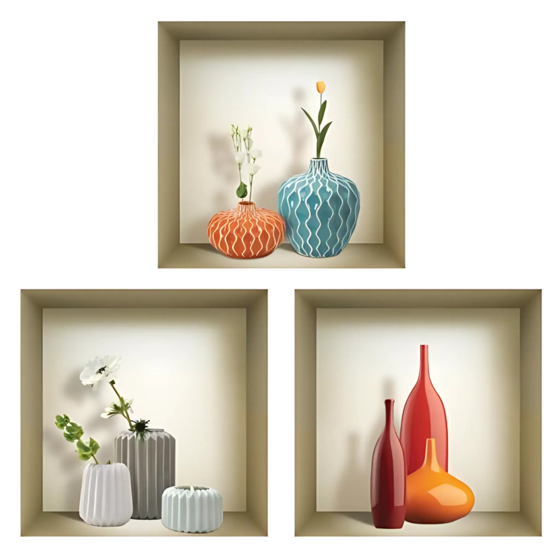 12 x 12 inch (30.5 x 30.5 cm) Colored Vase 3D Wall Art Decals - Set of 3 Home Decor