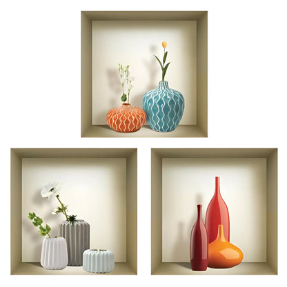 12 x 12 inch (30.5 x 30.5 cm) Colored Vase 3D Wall Art Decals - Set of 3 Home Decor