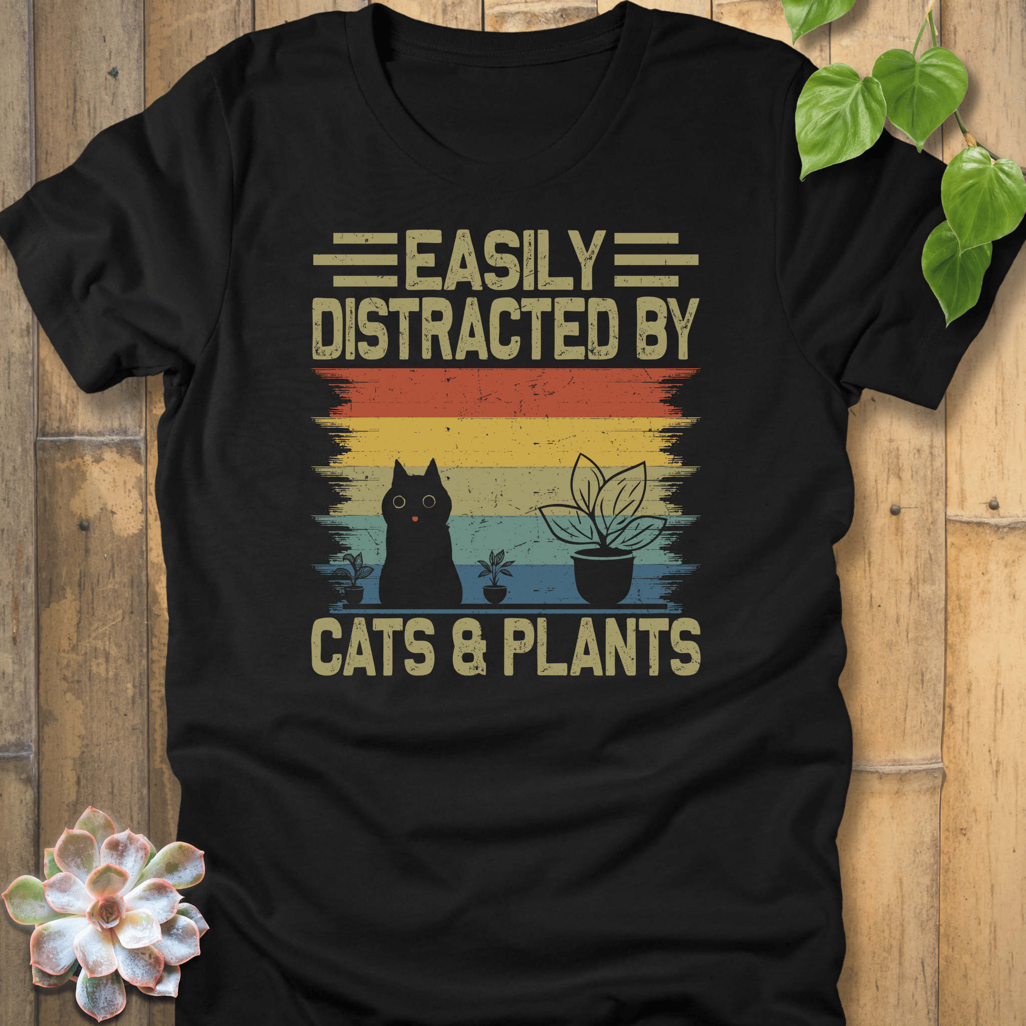 Black / S Distracted By Cats & Plants T-Shirt T-Shirt