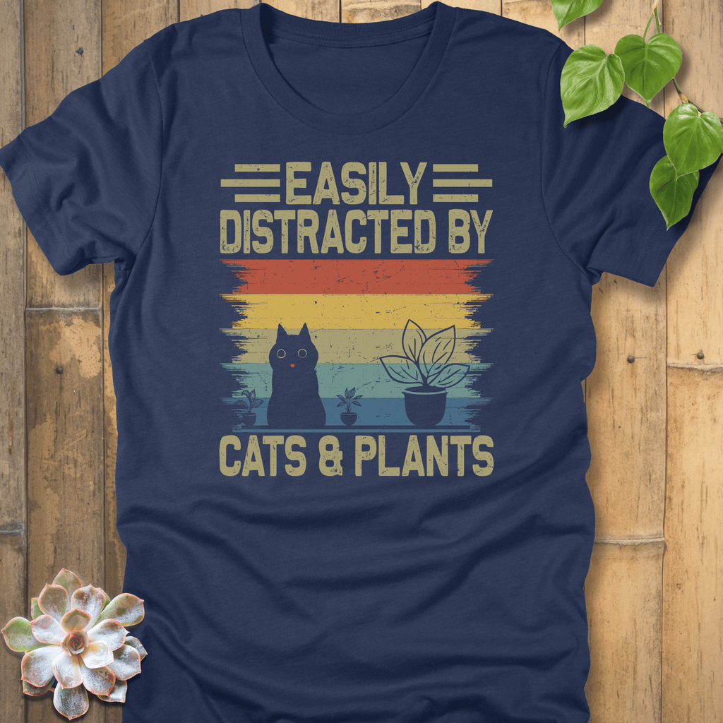 Heather Navy / S Distracted By Cats & Plants T-Shirt T-Shirt