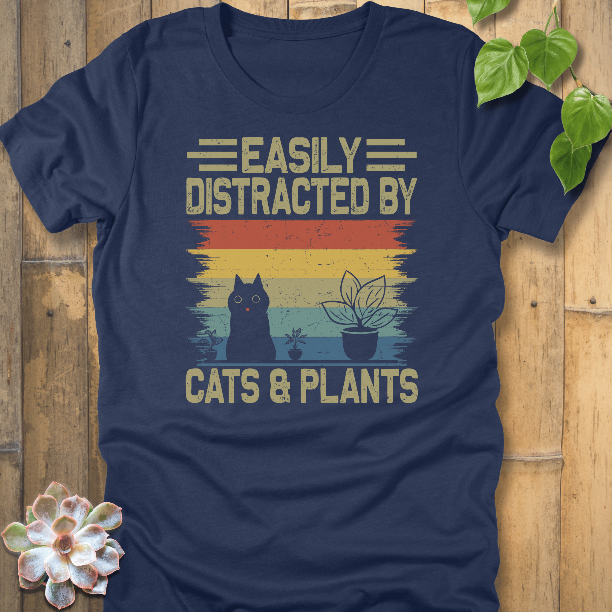 Heather Navy / S Distracted By Cats & Plants T-Shirt T-Shirt