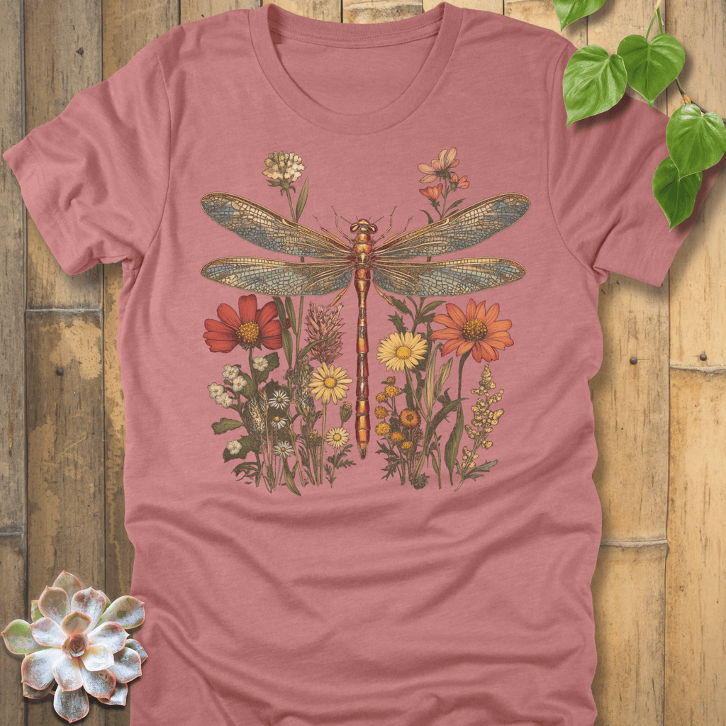 Heather Mauve / S Dragonfly & Wildflower T-Shirt T-Shirt