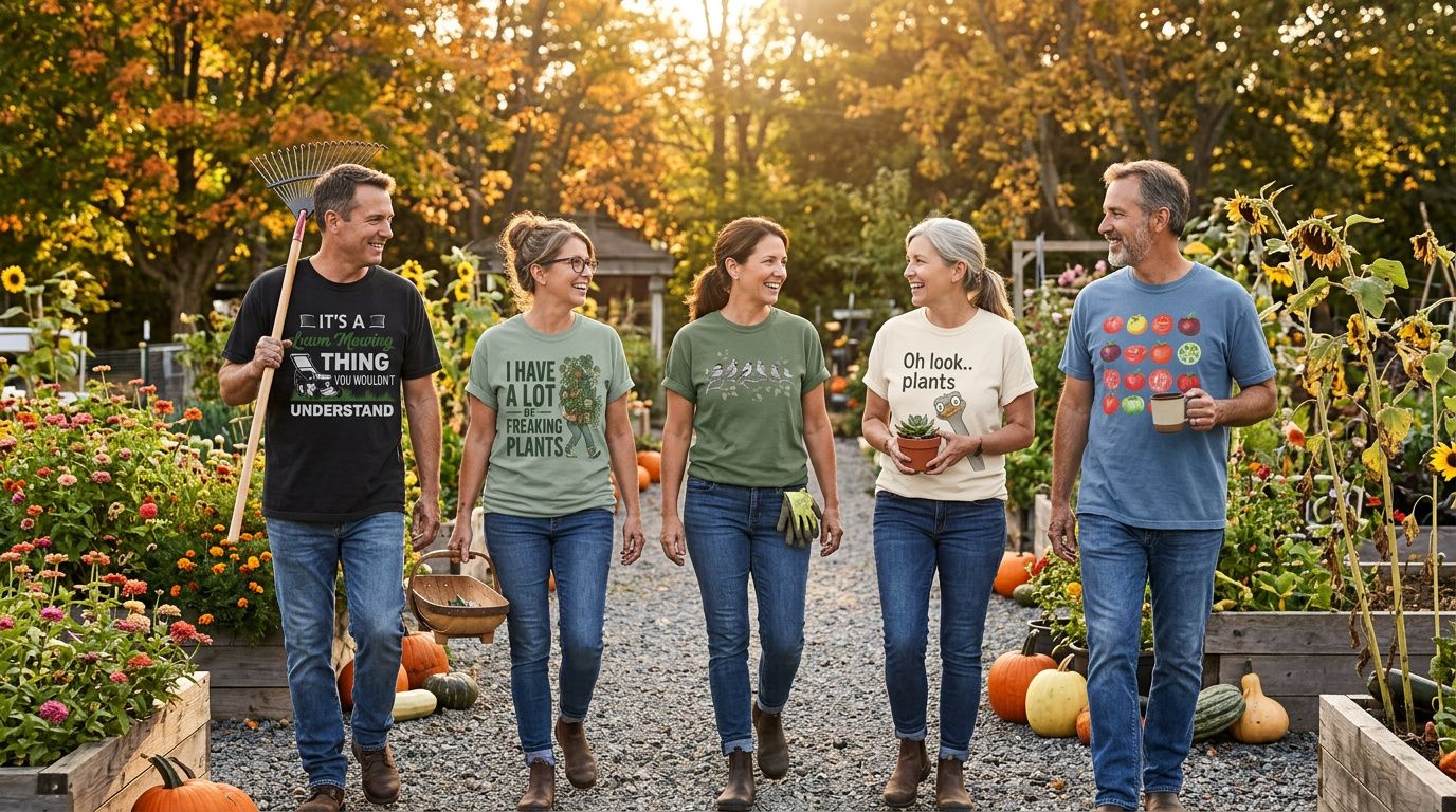 Five friends walking through a community garden in fall, wearing Grace and August Comfort Colors tees