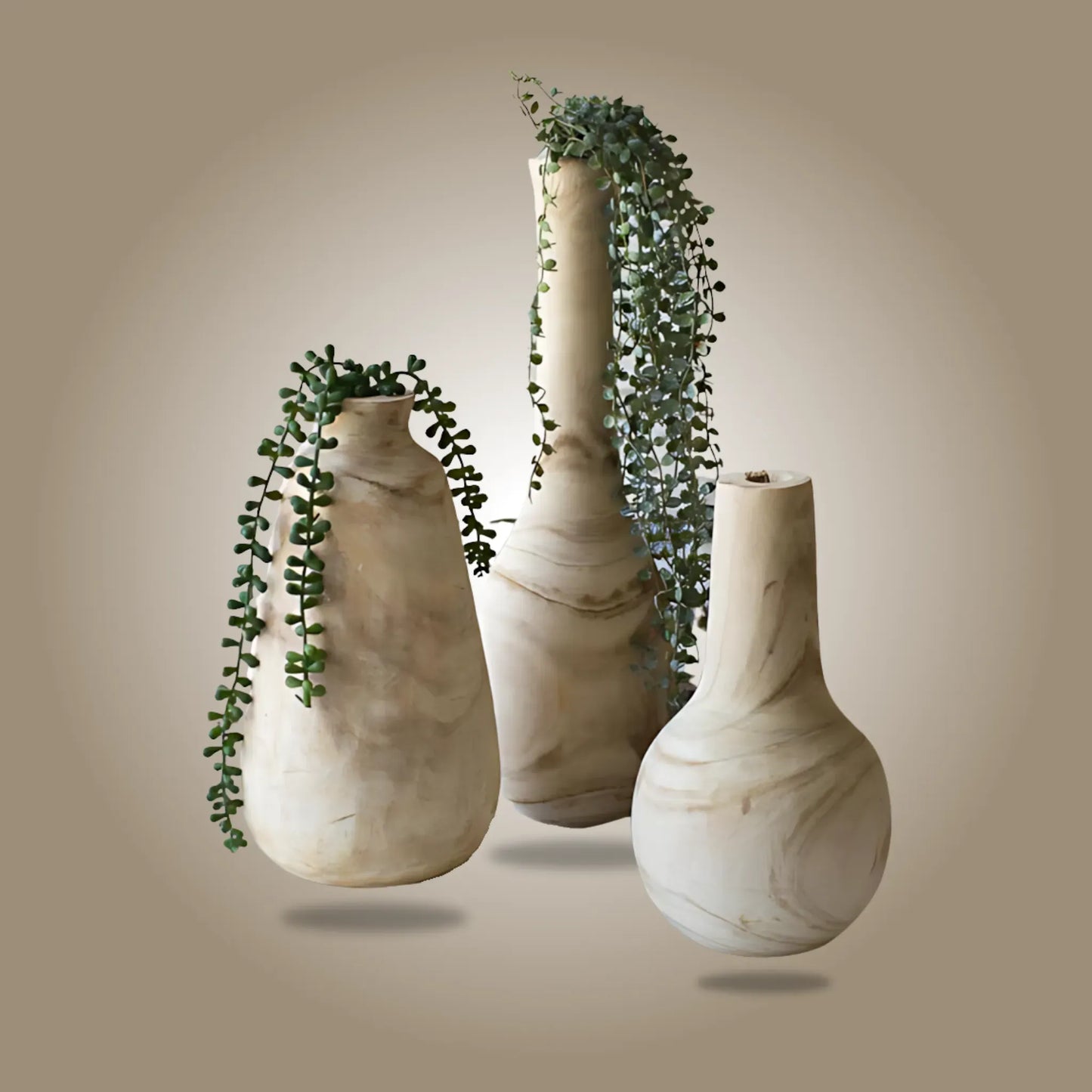 Natural / Set Of 3 Hand-Carved Wooden Vase Set Vase