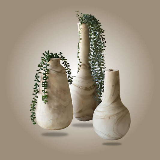 Natural / Set Of 3 Hand-Carved Wooden Vase Set Vase