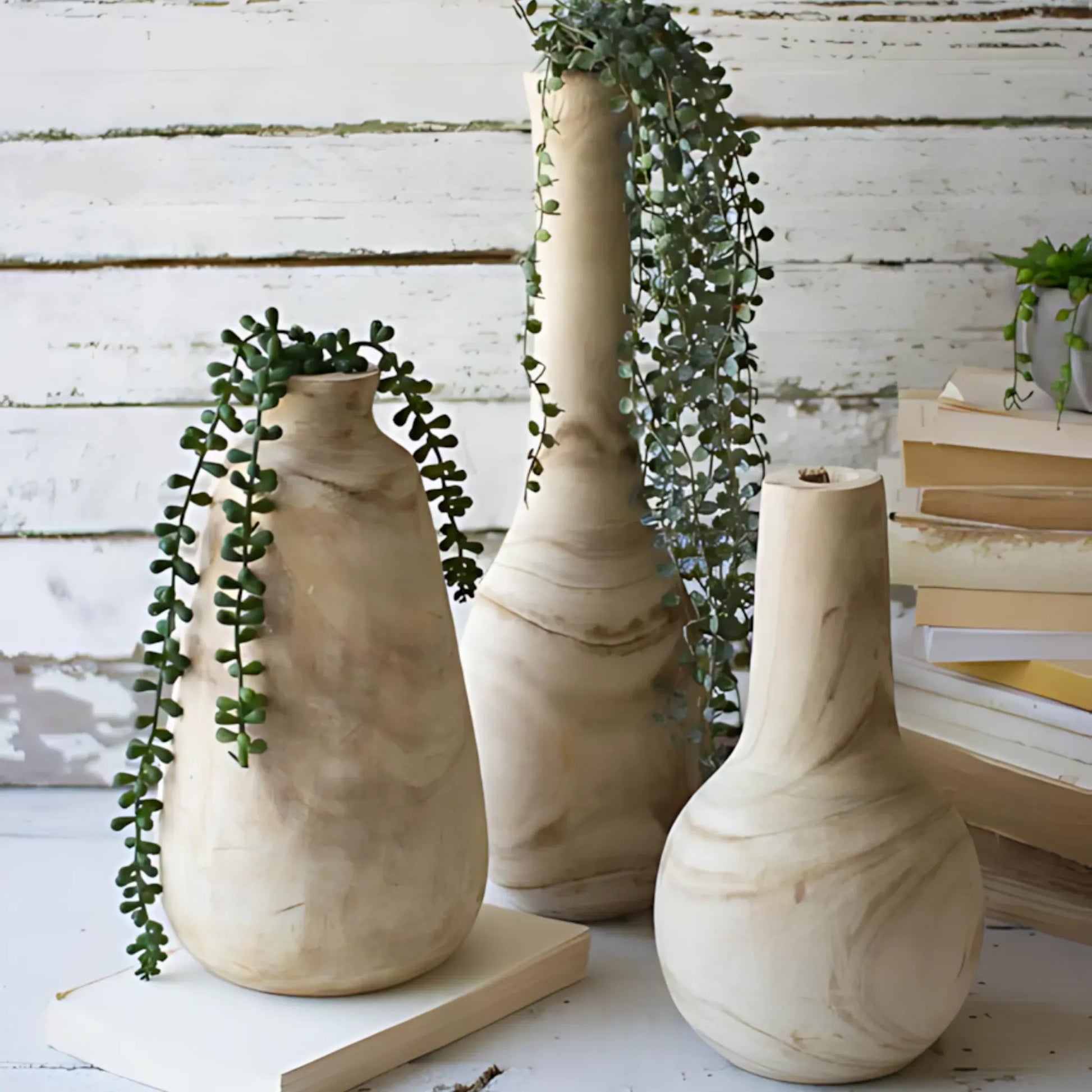 Natural / Set Of 3 Hand-Carved Wooden Vase Set Vase