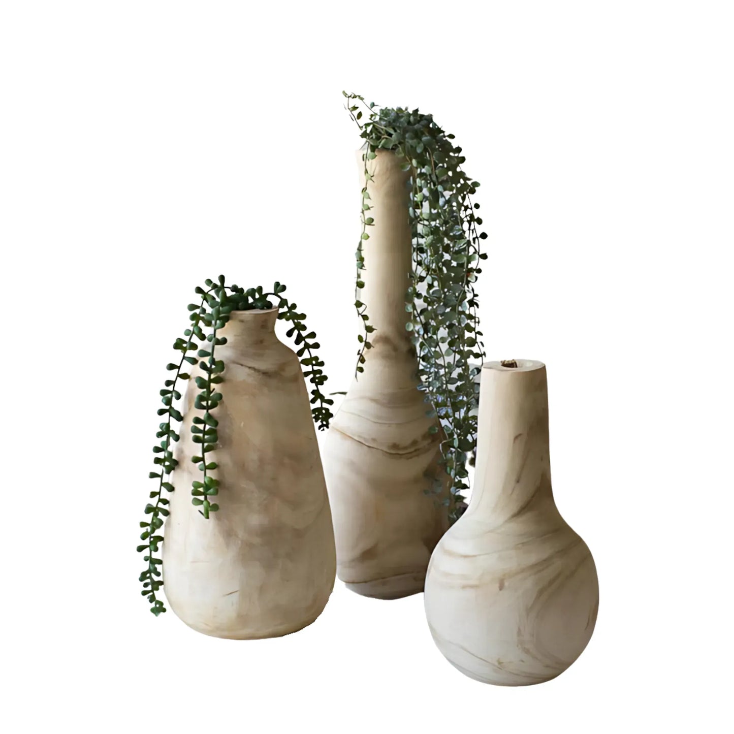 Natural / Set Of 3 Hand-Carved Wooden Vase Set Vase
