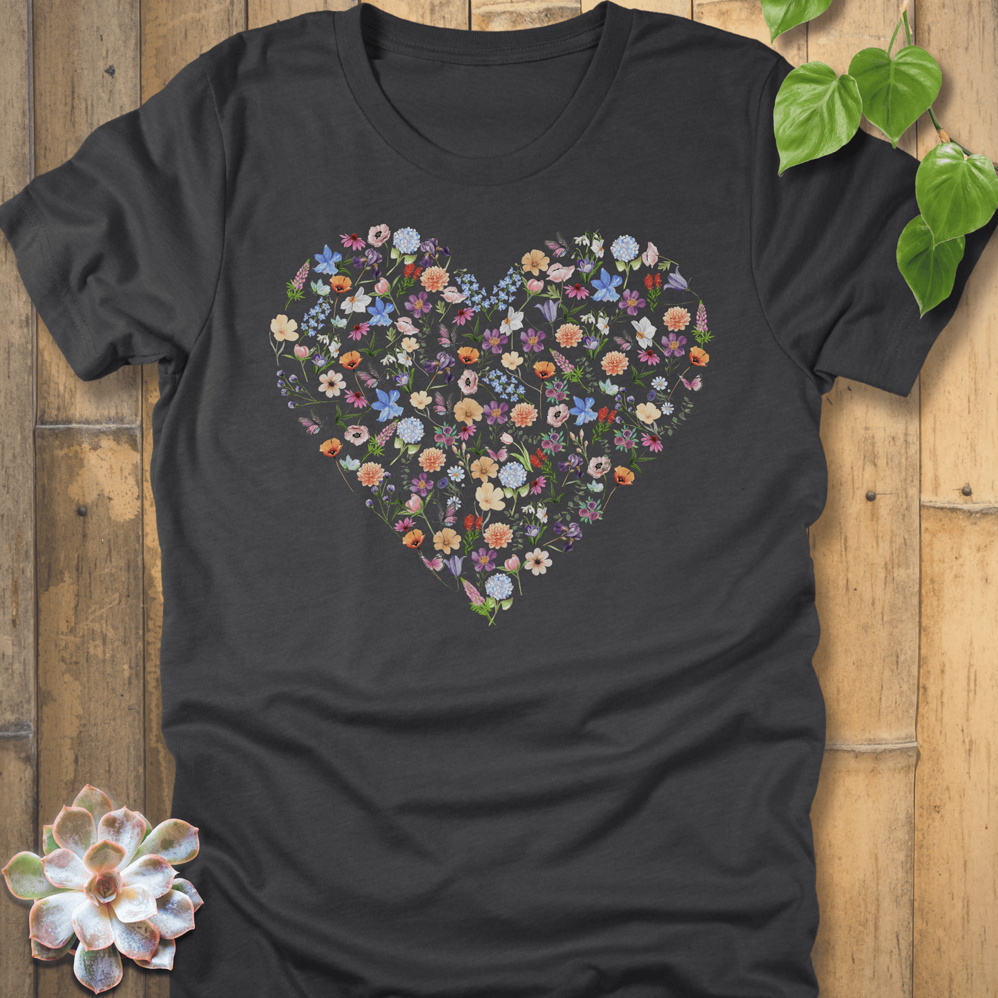 Dark Grey Heather / S Loveheart Flowers T-Shirt T-Shirt