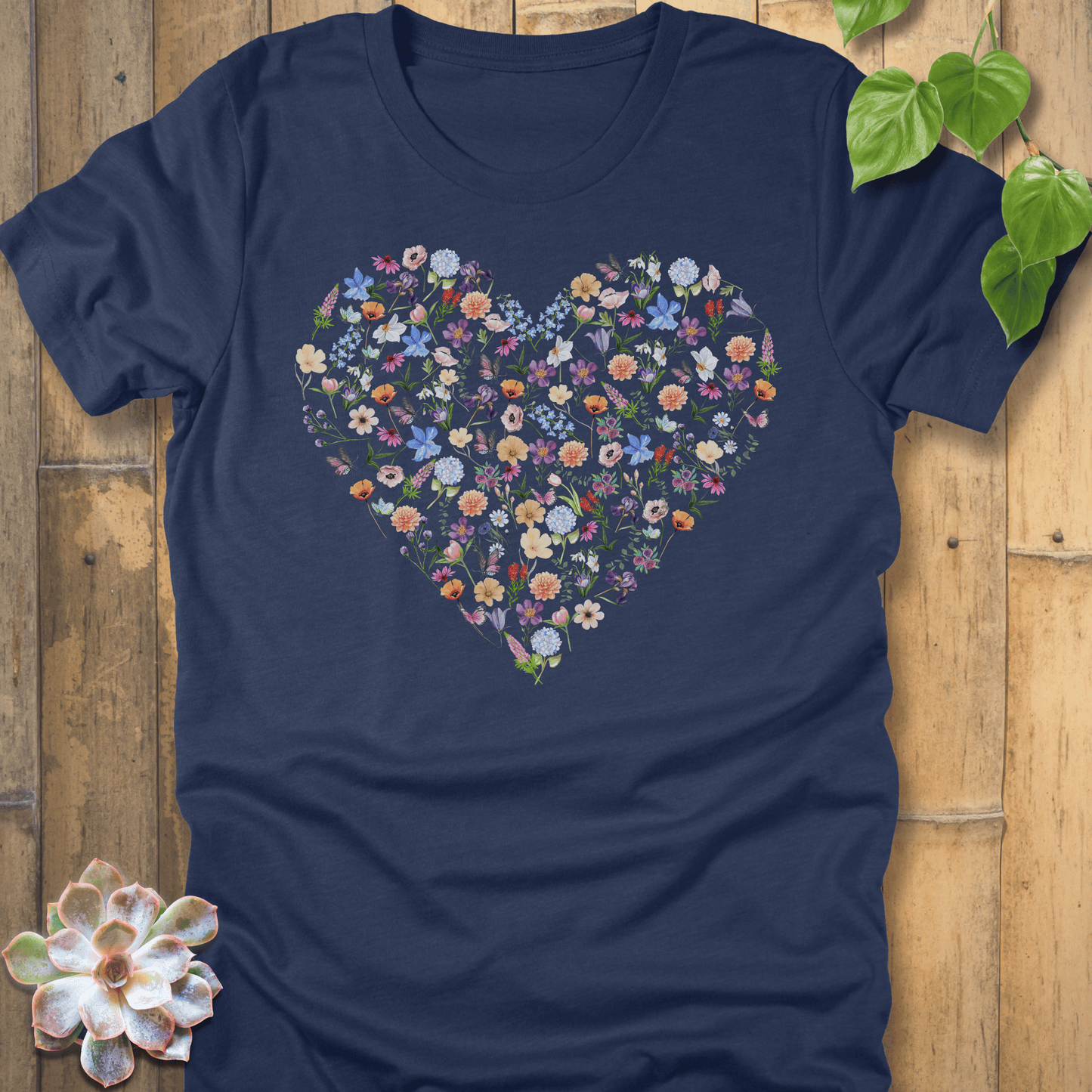 Heather Navy / S Loveheart Flowers T-Shirt T-Shirt