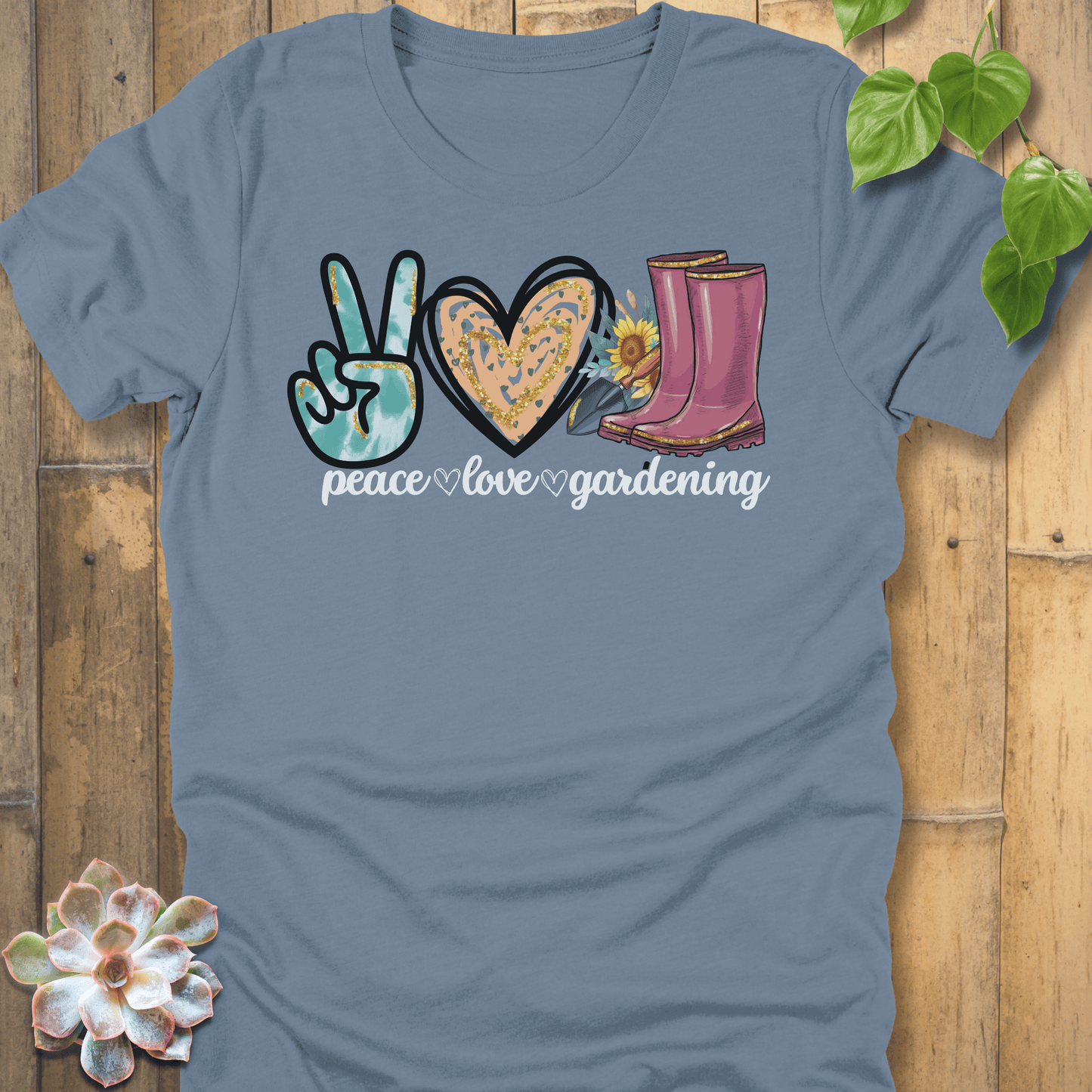 Steel Blue / S Peace, Love, Gardening T-Shirt T-Shirt