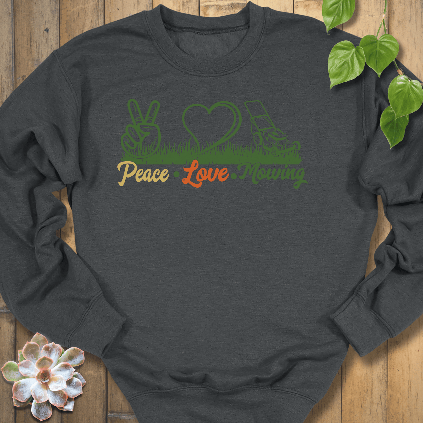 Dark Heather / S Peace, Love, Mowing Sweatshirt Sweatshirt