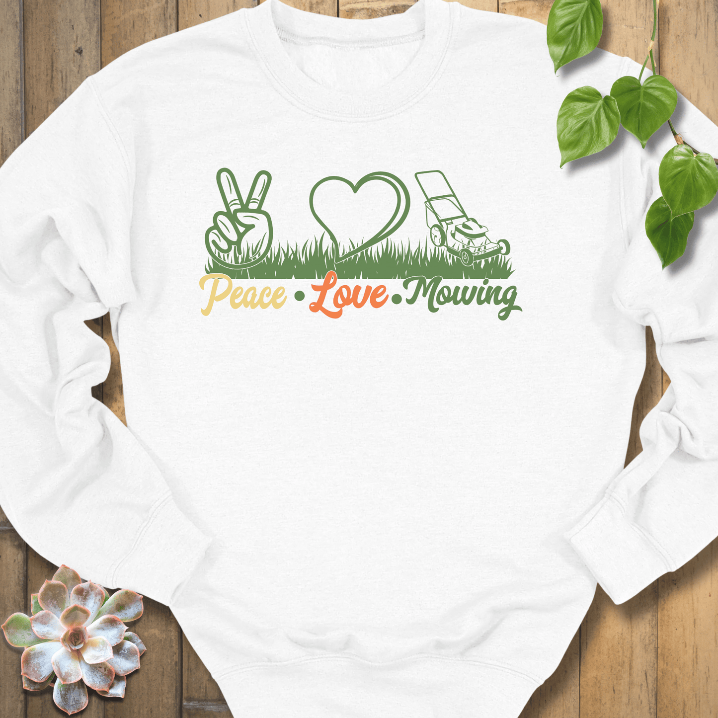 White / S Peace, Love, Mowing Sweatshirt Sweatshirt