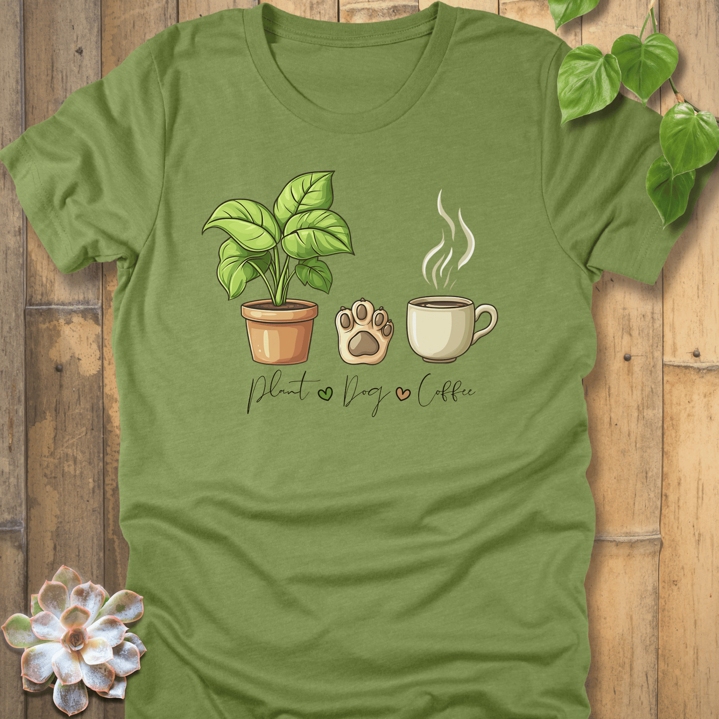 Heather Green / S Plant, Dog, Coffee T-Shirt T-Shirt