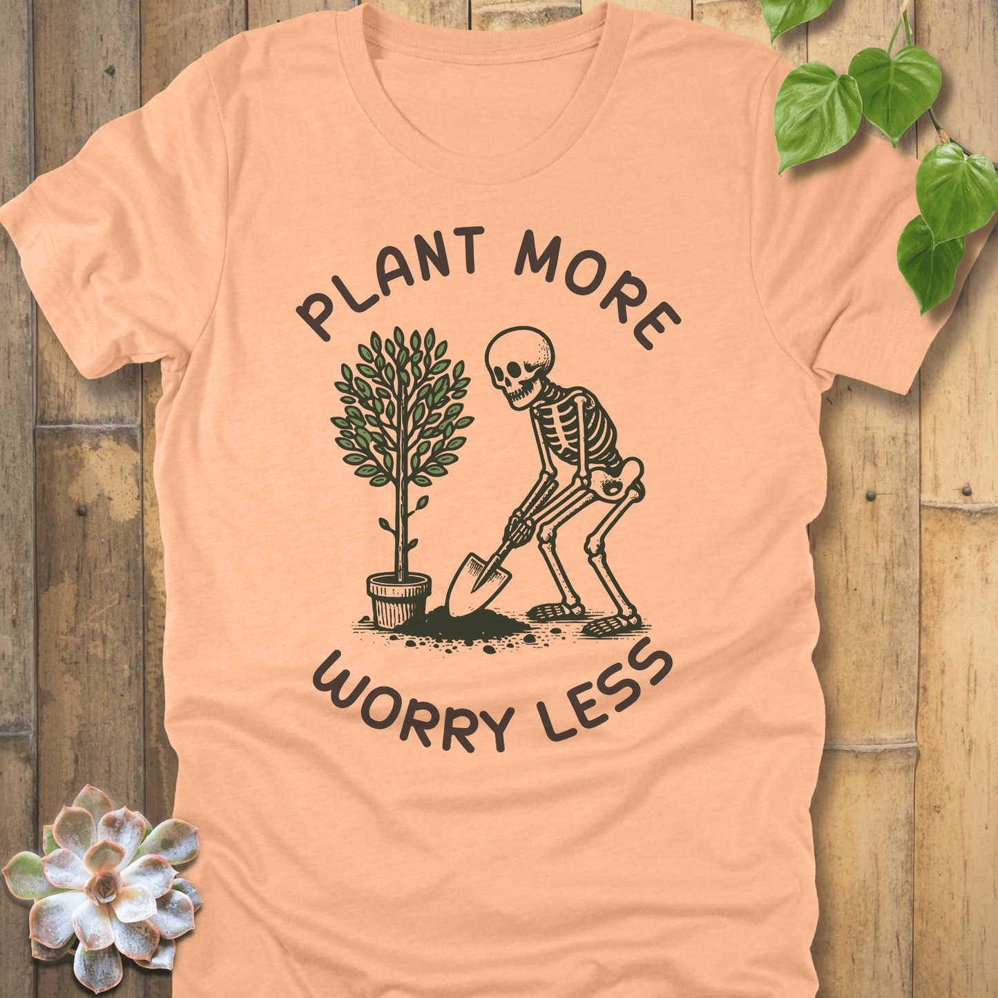 Heather Peach / S Plant More Worry Less T-Shirt T-Shirt