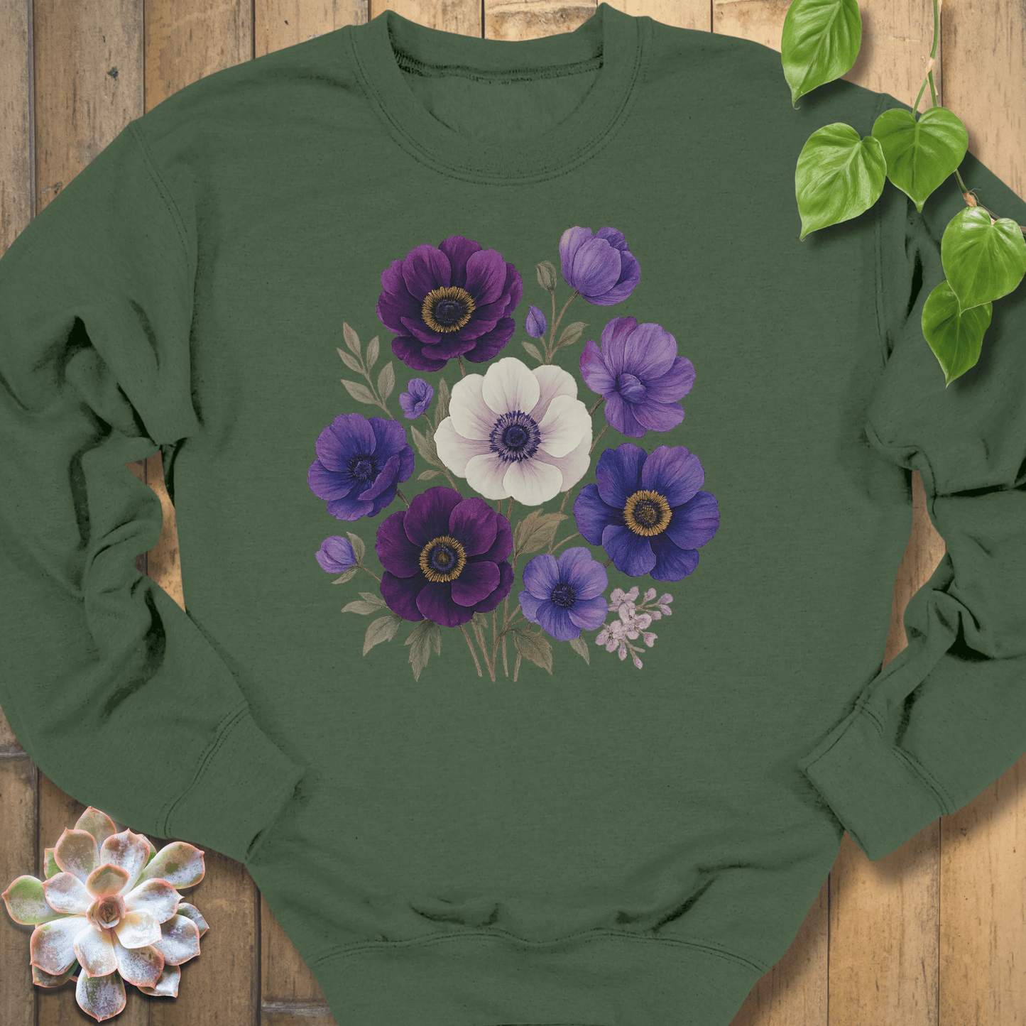 Military Green / S Purple Bloom Bouquet Sweatshirt Sweatshirt