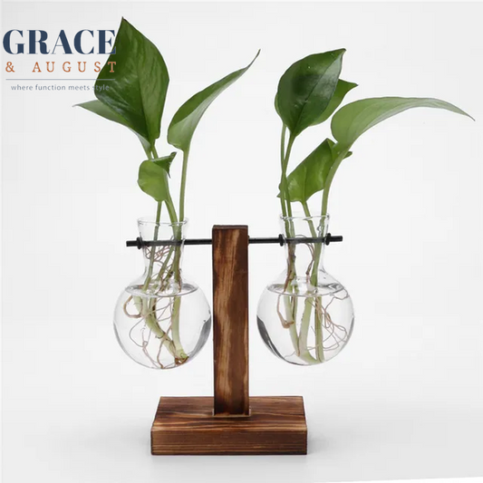 Glass Wood Vase Planter Terrarium Table Desktop Hydroponics Plant Bonsai Hanging Flower Pot with Wooden Tray Home Decoration